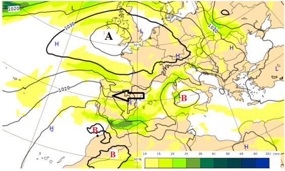 Análise do modelo do ECMWF de 27 março 2019 às 00 UTC, pressão ao nível médio do mar (linhas a preto) e vento aos 850 hPa (sombreado a cor). Seta indicadora do fluxo a preto
