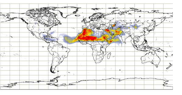 Imagem 1: Espessura ótica do aerossol (poeiras) a 550 nm prevista para terça-feira 30 às 12UTC (ECMWF-CAMS) 