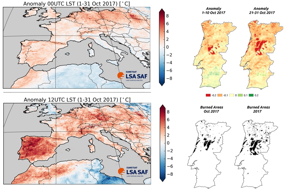 (Topo, esquerda) Anomalia da temperatura às 00UTC. Dados da LSA-SAF. (Baixo, esquerda) Anomalia da temperatura às 12UTC. Dados da LSA-SAF (Topo, direita) Anomalia da Fração de Coberto Vegetal nos primeiros dez dias de outubro e nos últimos dez dias de outubro. Dados da LSA-SAF (Baixo, direita) Áreas ardidas em outubro e no total do ano de 2017. Dados do ICNF.