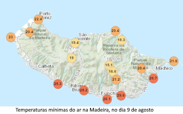 Temperaturas mínimas do ar na Madeira, no dia 9 de agosto