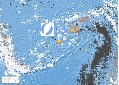 Localização epicentral do sismo nas ilhas Fiji (identificada pela estrela) e respetivo mecanismo focal do sismo de Mw7.2