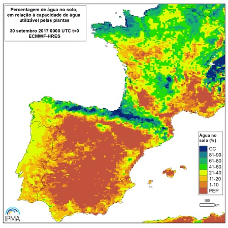 Figura 4 – Percentagem de água no solo (média 0-100 cm profundidade), em relação à capacidade de água utilizável pelas plantas, 30 setembro 2017, 00 UTC t+0, ECMWF-HRES (resolução 16 km).