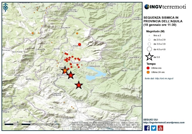 Mapa com a localização dos principais sismos de Itália de 18 de Janeiro 2017 (INGV)