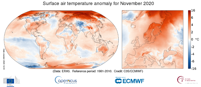 Surface air temperature anomaly for November 2020 relative to the November average for the period 1981-2010. Data source: ERA5. Credit: Copernicus Climate Change Service/ECMWF
