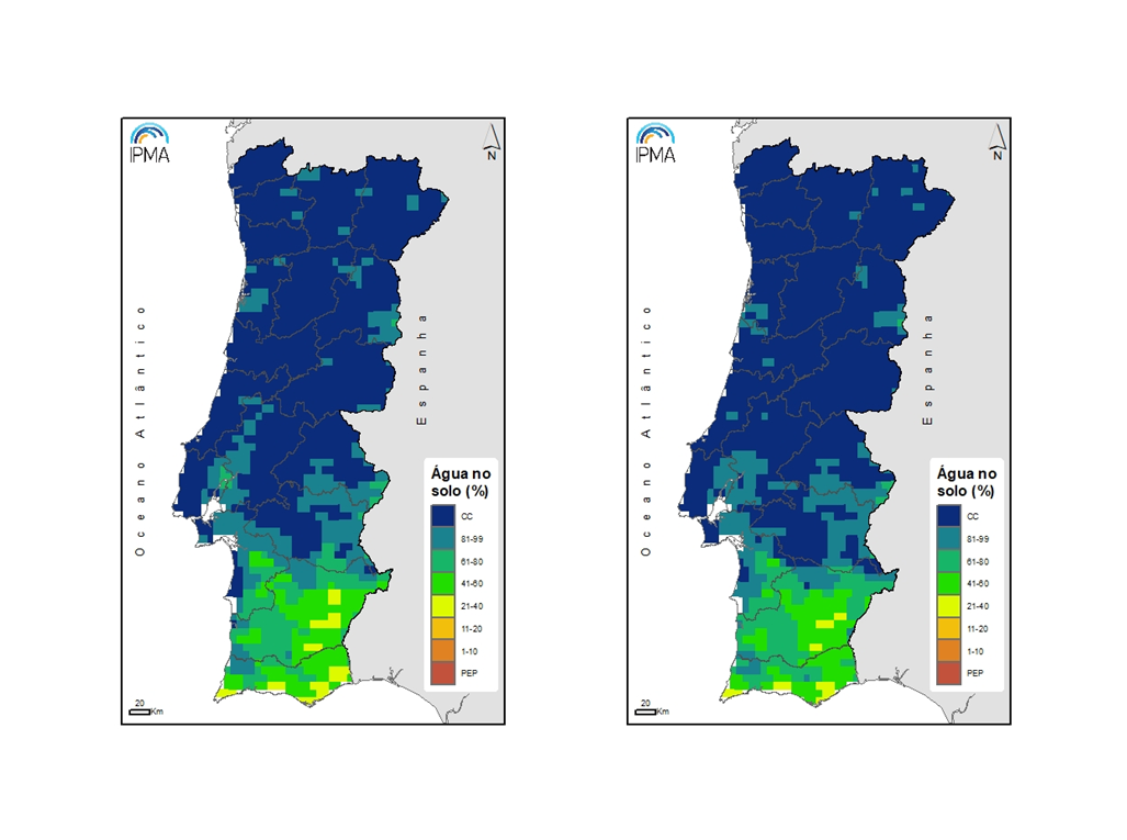 Percentagem de água no solo (ECMWF) a 31 de dezembro 2019 (esq.) e a 31 de janeiro 2020 (dir.).