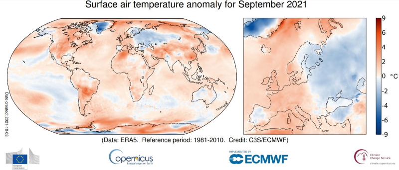 Figura 1: Anomalias da temperatura média do ar no mês de setembro de 2021 (período 1981-2010), ECMWF