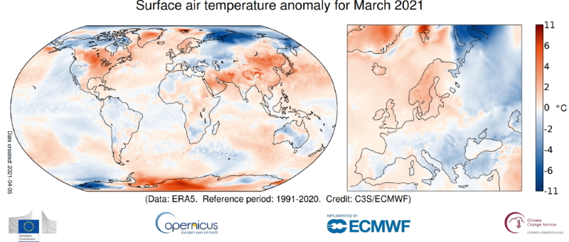 Surface air temperature anomaly, March 2021 (ECMWF)