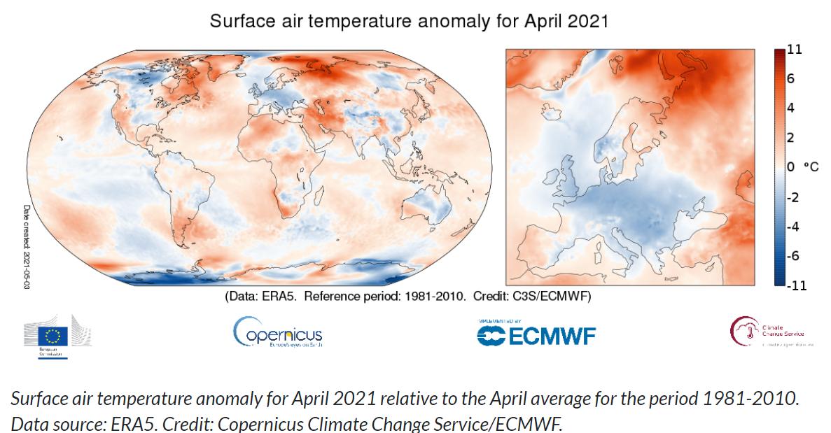 Figure 1: Anomalies in the average air temperature in April 2021 (ECMWF)