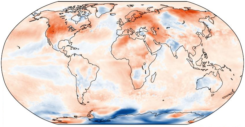 Anomalias da temperatura média do ar no mês de junho de 2021 (ECMWF)