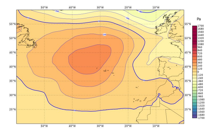 Anomalia do campo da pressão atmosférica à superfície da superfície para o mês de junho de 2022, relativamente ao período 1991-2020, com base nas reanálises ERA5 (Hersbach et al., 2019) - Figura 2