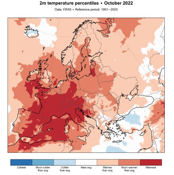 Figura 1: Percentil médio da temperatura do ar a 2 metros em outubro de 2022. As categorias de cores referem-se aos percentis da distribuição de temperatura calculado a partir do período de referência de 1991–2020 (Fonte: Copernicus Climate Change Service/ECMWF)