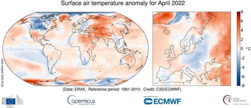Figura 1: Anomalias da temperatura média do ar em abril de 2022. Fonte: Copernicus Climate Change Service/ECMWF