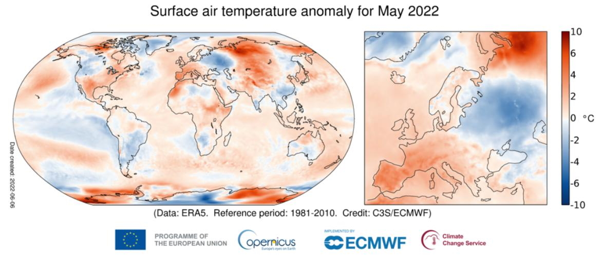 Figura 1: Anomalias da temperatura média do ar em maio de 2022