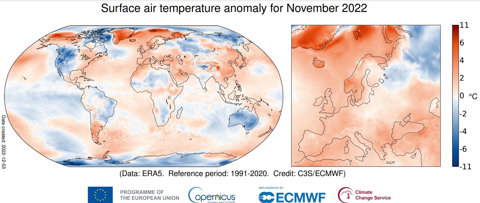 Figura 1: Anomalia da temperatura do ar à superfície para novembro de 2022 em relação à média para o período 1991-2020. Fonte: Copernicus Climate Change Service/ECMWF.