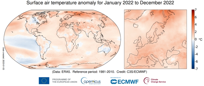 Figura 1.1. Anomalia da temperatura média anual à superfície (°C) em 2022, em relação ao período de referência 1981-2010. Fonte de dados: ERA5. Crédito: C3S/ECMWF.
