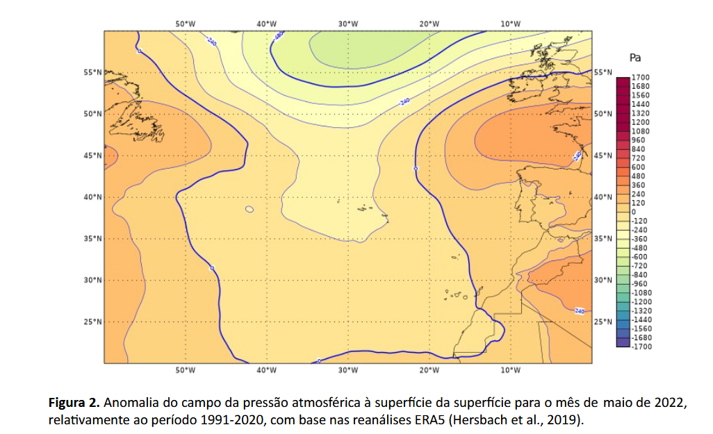 Anomalias do campo da quantidade de precipitação mensal para o mês de maio de 2022 (período de 1991-2020)