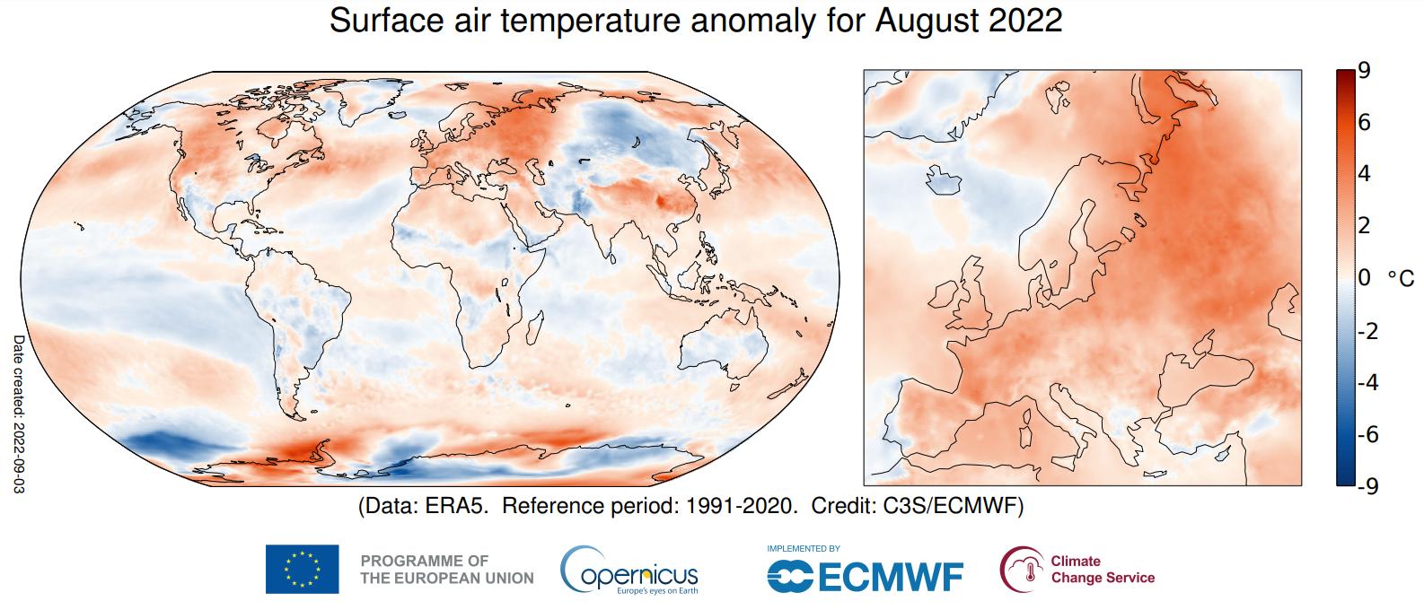 Figura 1: Anomalias da temperatura média do ar em agosto de 2022 (Fonte: ECMWF)