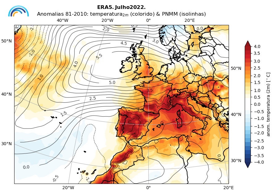 Figura 3: Carta relativa à anomalia da temperatura do ar (°C) a 2 metros e da pressão ao nível médio do mar (hPa) na região Euro-Atlântica, julho 2022