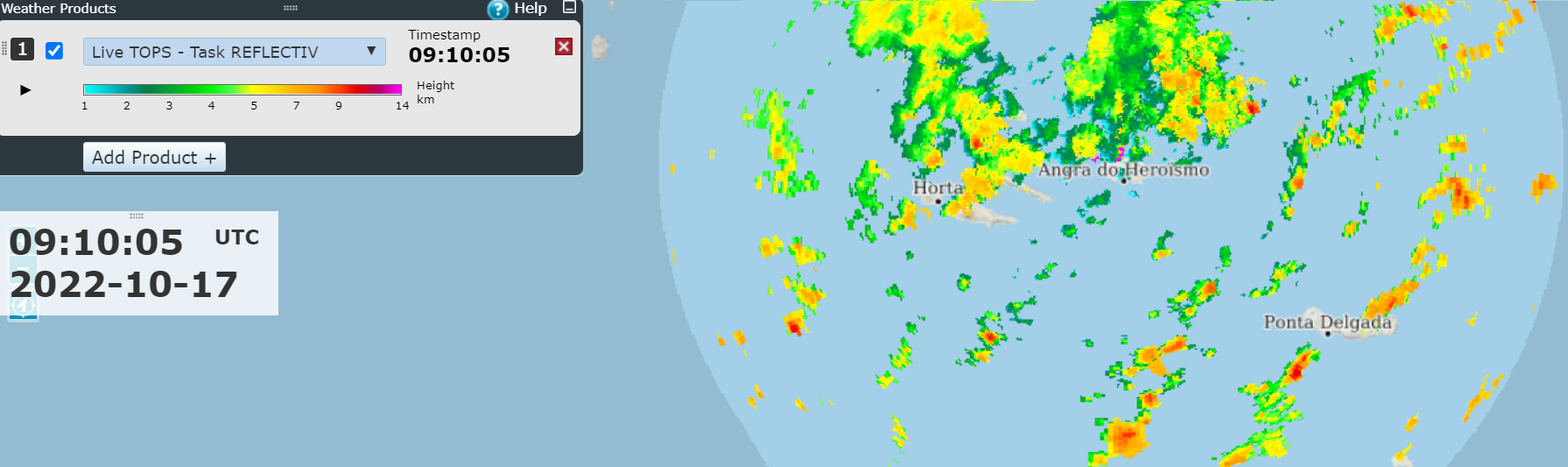 Figura 1 – Topo dos ecos (escala em km) das 09:10 UTC, 17out2022, radar da Terceira/Santa Bárbara. Pixéis a vermelho mostram topos de ecos com altitude da ordem de 10 km.