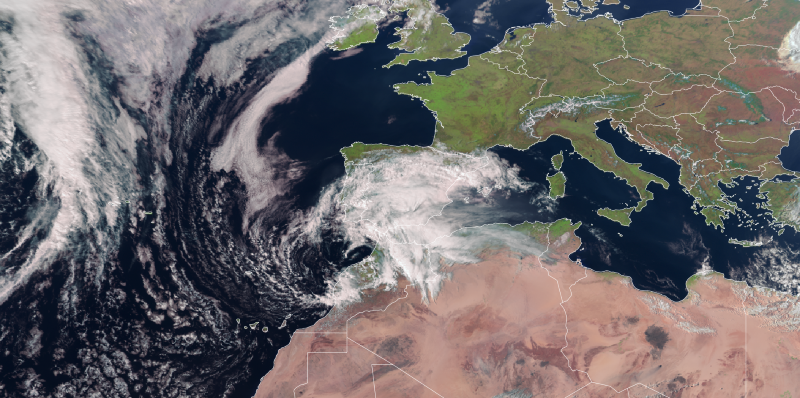 Imagem de satélite de 24/03/2022, às 14:45 UTC com a nebulosidade sobre a Península Ibérica, sendo imperceptível a presença de poeiras (Eumetsat)
