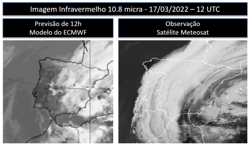 Figura 2 – Comparação entre a imagem na banda de infravermelho 10.8 micra simulada com base nas previsões do modelo do ECMWF para as 12 UTC do dia 17/03/2022 (à esquerda) com a correspondente observação (à mesma hora) obtida com o satélite Meteosat de 2ª geração (à direita), resultante da influência das poeiras em suspensão.77