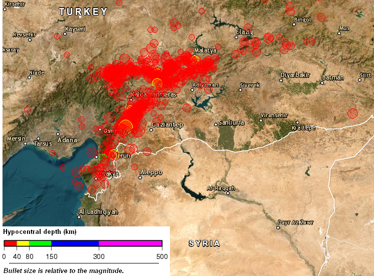 Imagem notícia de 08 de fevereiro (mapa epicentral) Sismo Turquia, 7.8 a 06 de fevereiro de 2023