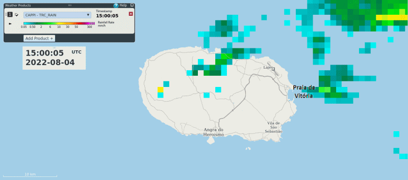 Animação de CAPPI (indicador de posição plana a altitude constante), da intensidade de precipitação (mm/h), durante o período 15:00-22:00 UTC, 04 agosto 2022. Radar da Terceira/Santa Bárbara.
