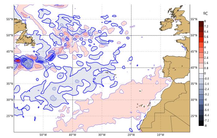 Anomalia da temperatura da superfície da água do mar para o mês de março de 2023, relativamente ao período 1991-2020, com base nas reanálises ERA5 (Hersbach et al., 201)