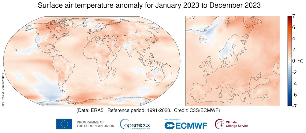 Figure 1: Surface air temperature anomaly in December 2023 compared to the climatological normal 1991–2020. Source: Copernicus Climate Change Service/ECMWF 