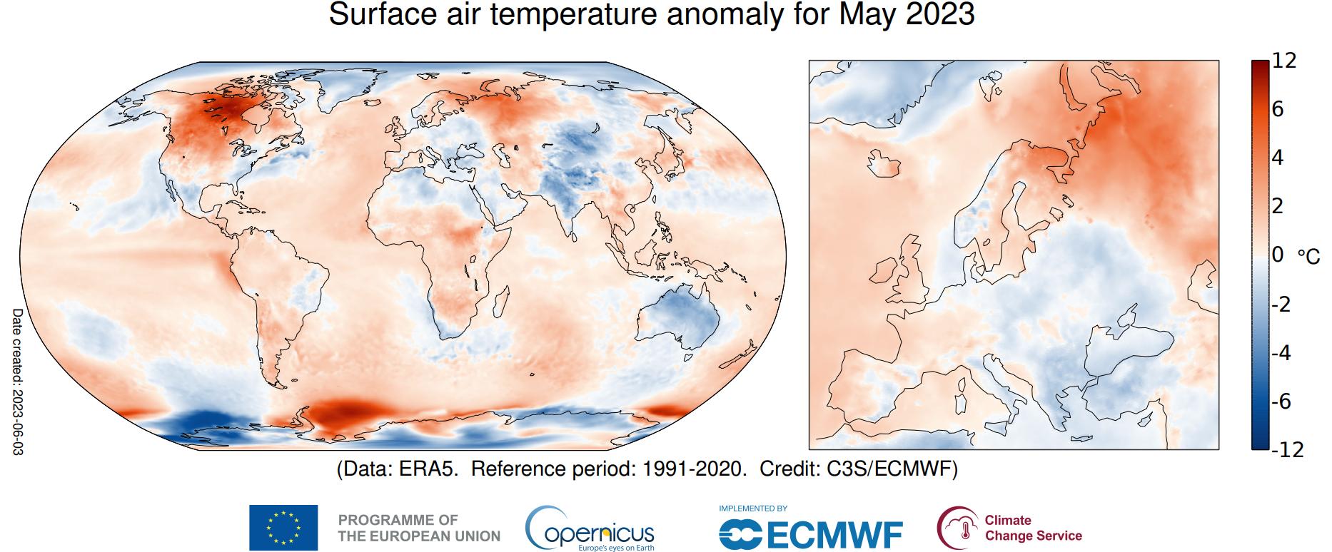Anomalia da temperatura do ar à superfície para maio de 2023 em relação à média no período 1991-2020. Fonte: Copernicus Climate Change Service/ECMWF