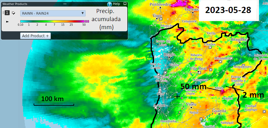 Figura 1 – Precipitação acumulada (mm) durante as 24 h do dia 28 de maio de 2023, radar de Arouca/Pico do Gralheiro. Assinaladas duas áreas, próximas, reveladoras da grande variabilidade espacial na precipitação observada.
