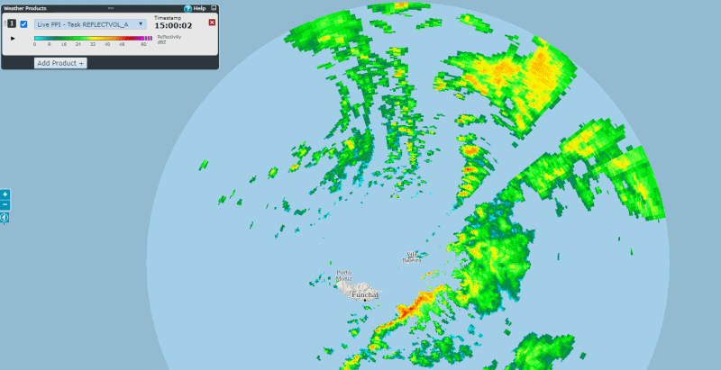 Fig. 5 – Animação de PPI de refletividade, baixa elevação, expresso em dBZ. Radar de Porto Santo/P. Espigão. Evolução da tempestade “Bernard” no período 15:00 – 19:00 UTC, 21/10/2023.