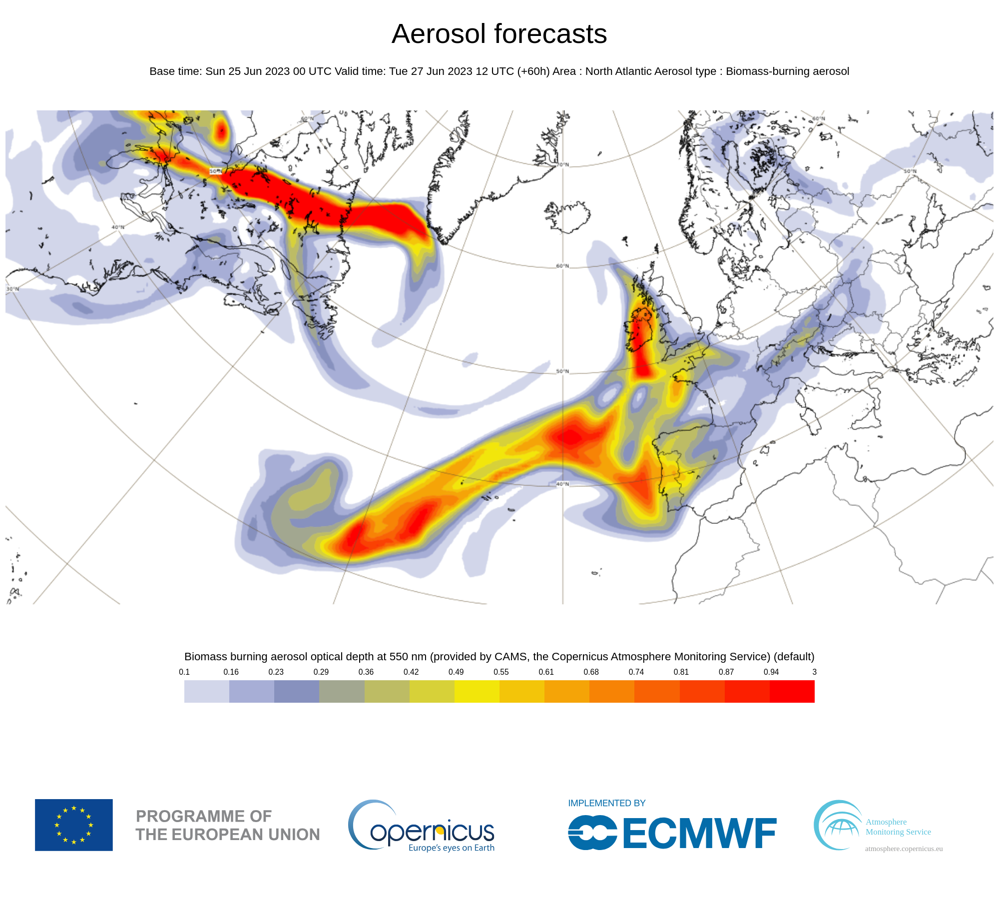 imagem 5: Espessura ótica dos aerossóis com origem em combustão de biomassa prevista para dia 27 às 12 UTC.