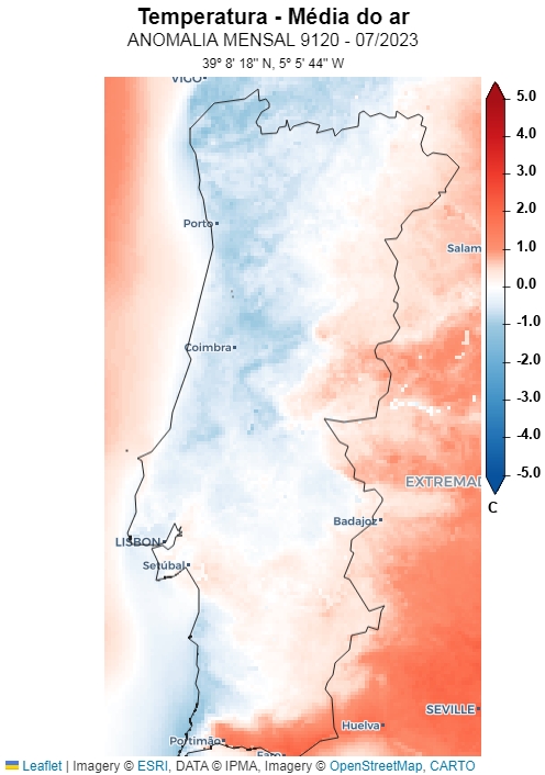 Figura 2:  Anomalia (91-20) da temperatura média do ar Julho 2023, Portugal Continental. Fonte: IPMA