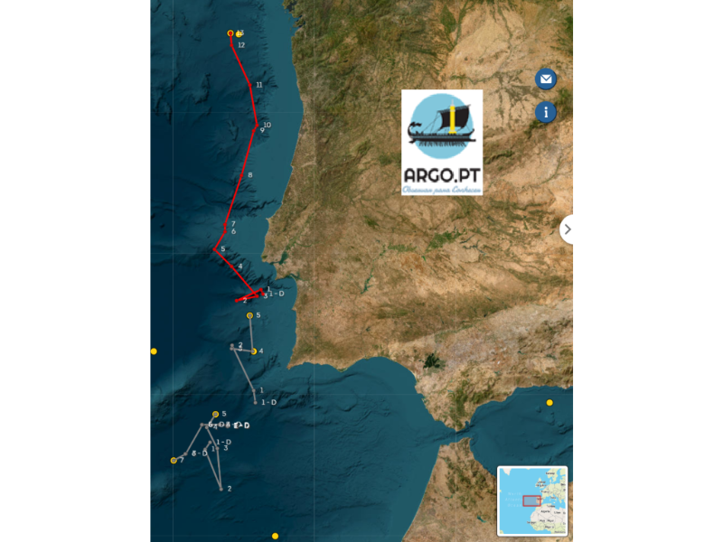 Trajetória de flutuadores do programa Argo.PT, em 26 de novembro de 2025. Em vermelho, o flutuador lançado do veleiro Libries, em 21 de julho de 2025. A cinzento, os três flutuadores lançados do NRP D. Carlos I, durante a campanha AMPO2025. O flutuador “Argonauta” é o cinzento, que teve uma trajetória inicial em “V”.
