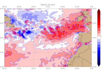 Anomalia da temperatura da superfície da água do mar para o mês de agosto de 2025, relativamente ao período 1991-2020, com base nas reanálises ERA5 (Hersbach et al., 2019).