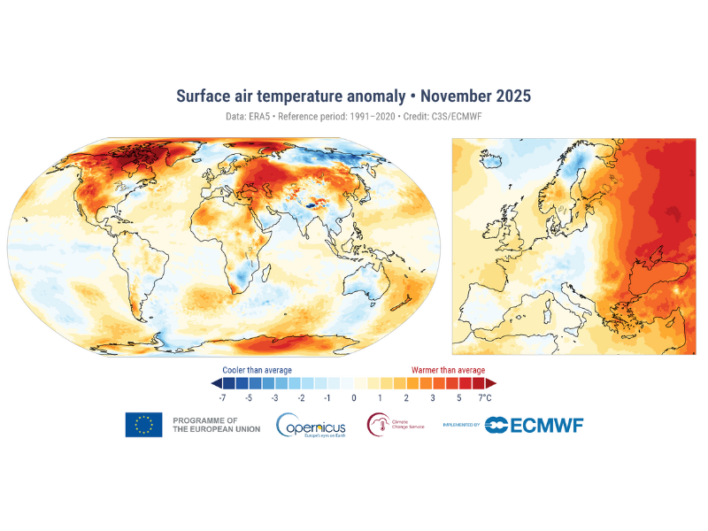 Figura 1: Anomalia da temperatura do ar à superfície em novembro de 2025 em relação à normal climatológica 1991–2020 no globo e no continente europeu. Fonte: Copernicus Climate Change Service/ECMWF