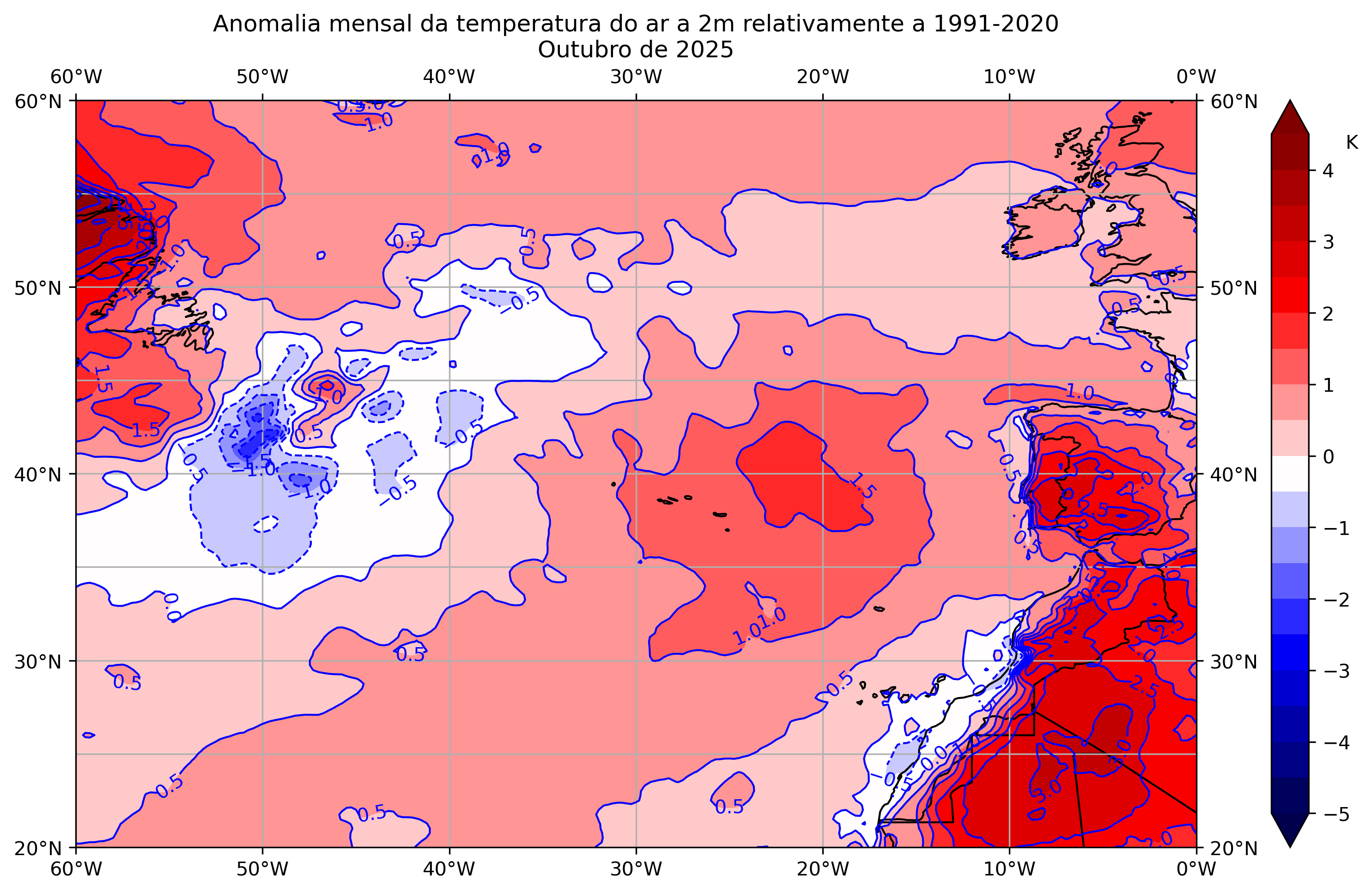 Figura 1: Anomalia mensal da temperatura média mensal do ar à superfície a 2 mm relativamente ao período de 1991-2020 para o mês de outubro de 2025, com base nas reanálises ERA5 (Hersbach et al., 2019).