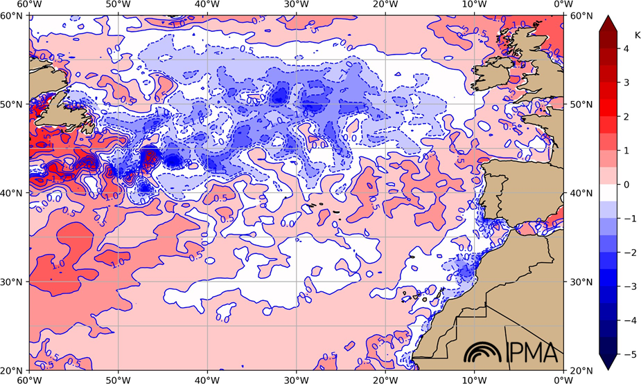 Figura 1: Anomalia da temperatura da superfície da água do mar para o mês de setembro de 2025, relativa- mente ao período 1991-2020, com base nas reanálises ERA5 (Hersbach et al., 2019)
