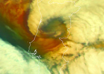 Figura 1: Imagem do satélite MTG, produto RGB massa de ar, 05:00 UTC, 28 jan 2026 (EUMETview, portal EUMETSAT). Notória a presença de um padrão acastanhado nas vizinhanças da tempestade Kristin, sinónimo da presença de ar seco