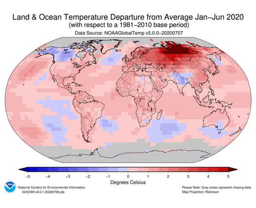 Anomalias da temperatura média do ar (continente + oceano) 1.º Sem 2020 - janeiro-junho. Fonte: NASA/NOAA