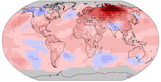Anomalias da temperatura média do ar (continente + oceano) 1.º Sem 2020 - janeiro-junho. Fonte: NASA/NOAA
