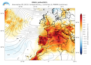 Carta relativa à anomalia da temperatura do ar (°C) a 2 metros e da pressão ao nível médio do mar (hPa) na região Euro-Atlântica, julho 2022